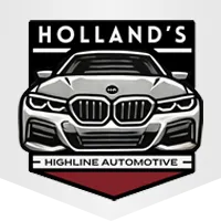 Logo featuring a front view of a luxury car with the text HOLLANDS above and HIGHLINE AUTOMOTIVE below, set against a black and maroon shield-shaped background.