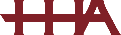 A stylized maroon logo with overlapping letters HHA on a light gray background. The horizontal bar of the first H extends through the second H and the A.