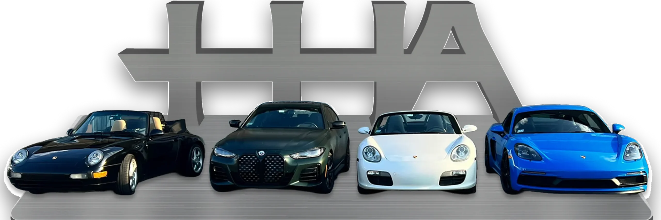 Four sports cars—including two white and black Porsches, a blue Porsche, and a black BMW—are lined up in front of a metallic THA logo background.