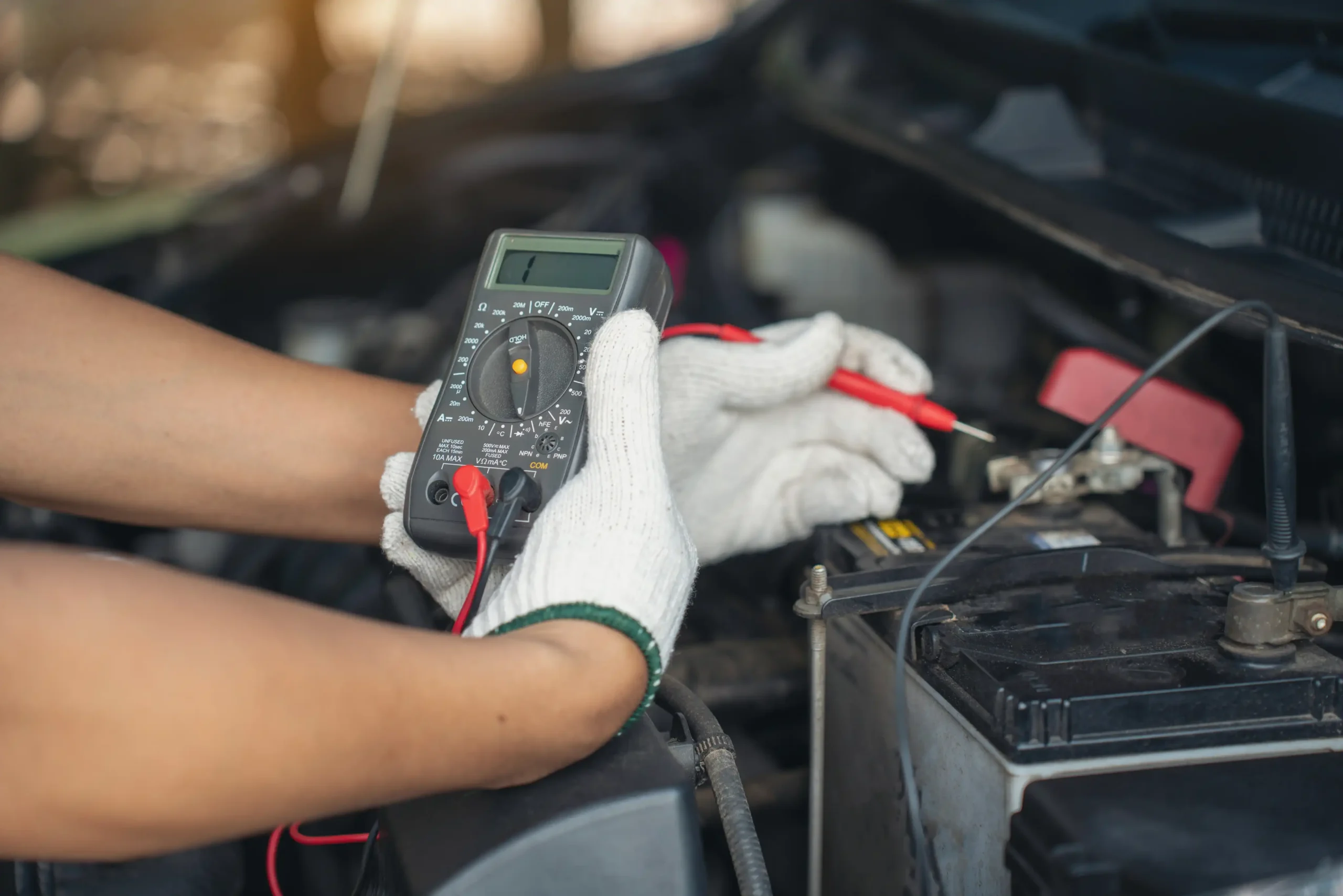 Auto electrical repair in Bridgewater, MA at Holland’s Highline Automotive. A person wearing white gloves uses a digital multimeter to check the voltage on a car battery under the hood during an electrical repair at Holland's Highline Automotive.