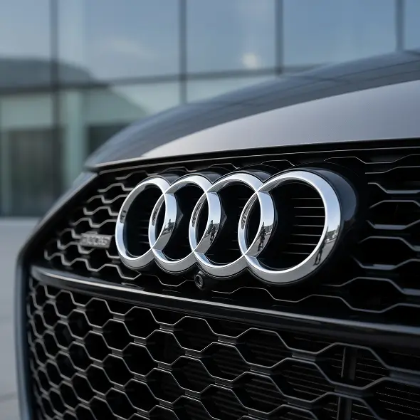 Close-up of the front grille of an Audi car, featuring the chrome four-ring logo. The black honeycomb pattern shines, reflecting a modern building—captured perfectly at Holland's Highline Automotive, trusted for Audi repair in Bridgewater, MA.
